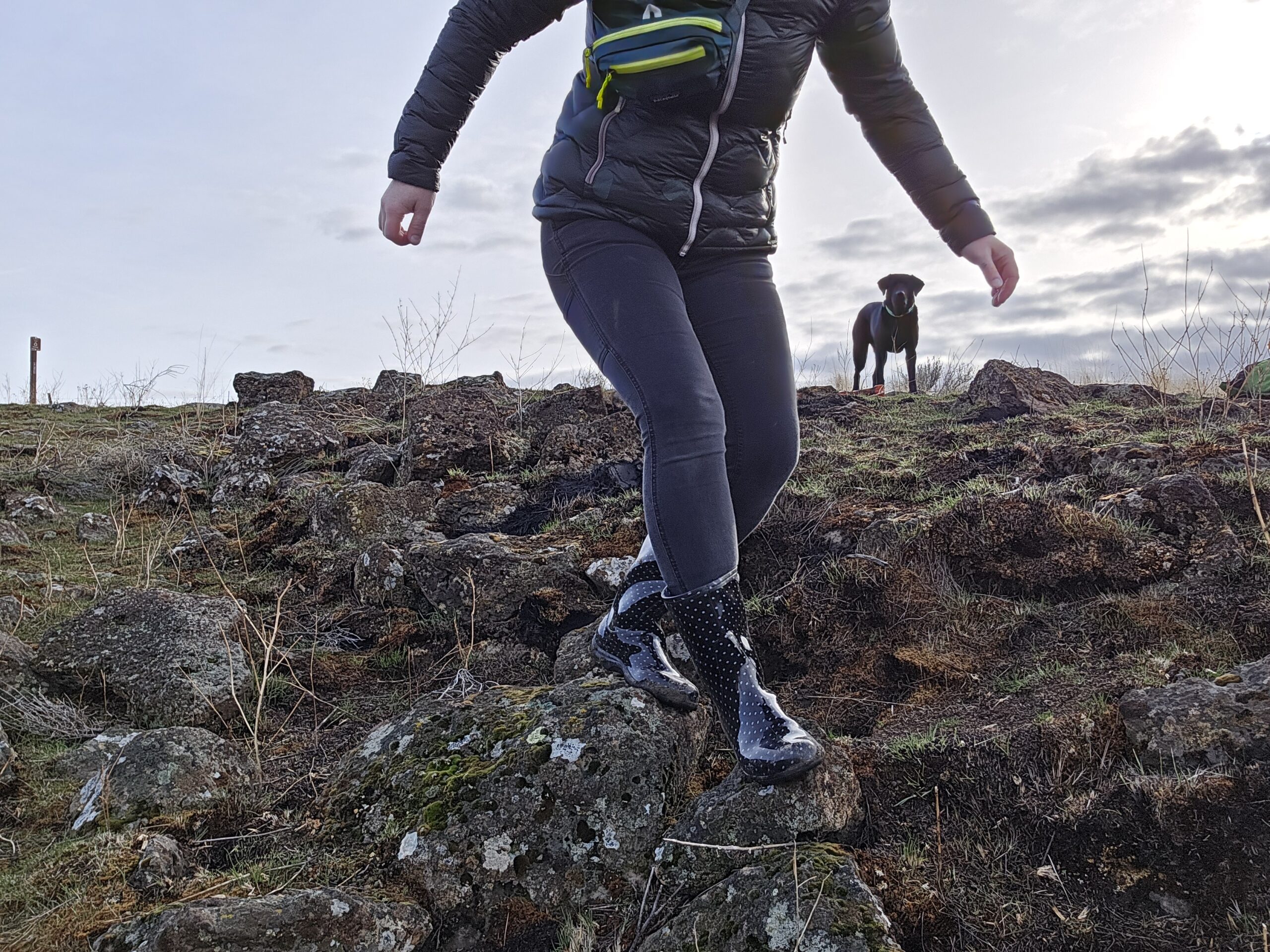 walking on rocks with their dog in sloggers rain and garden boots