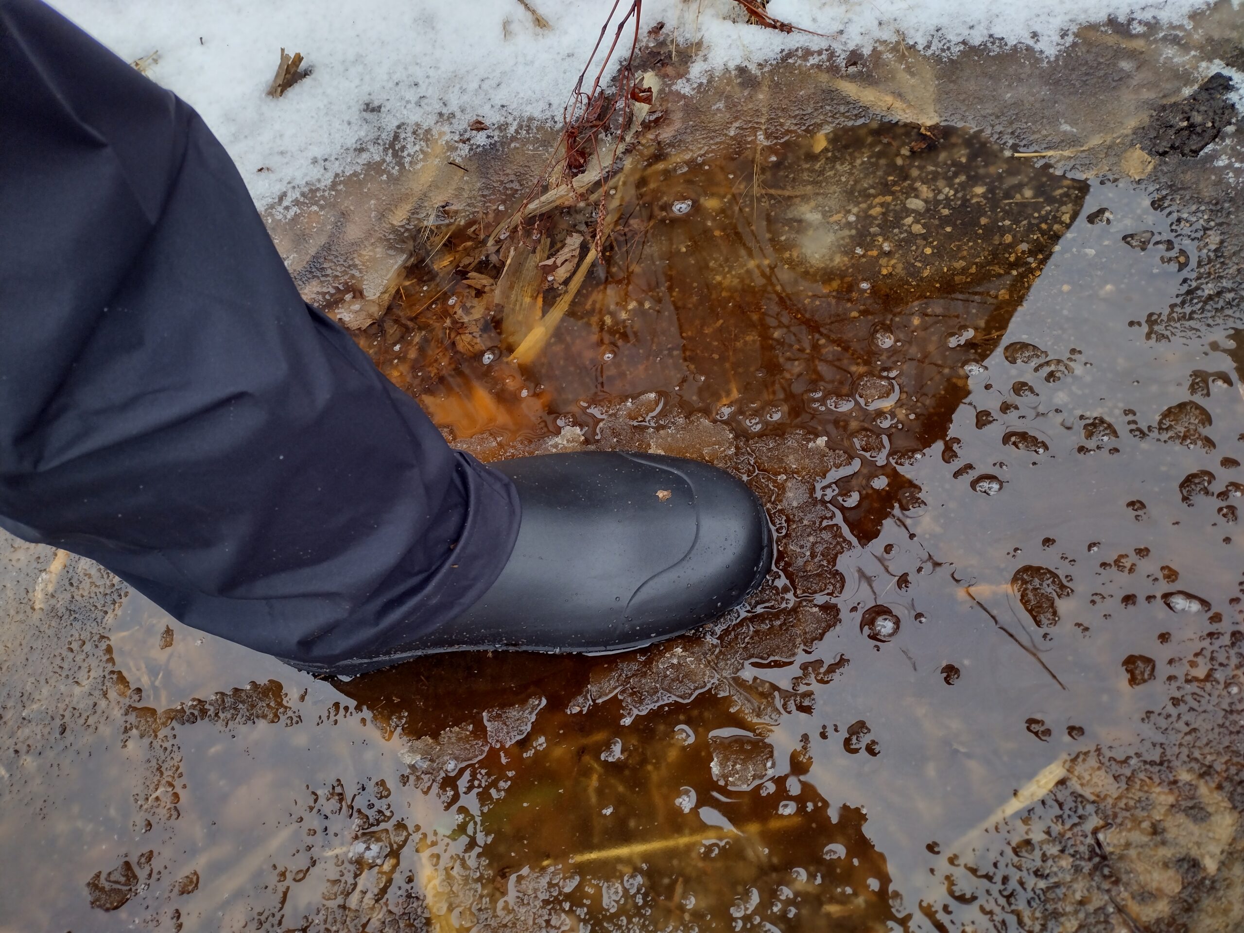 Ground level view of someone wearing the black Bozeman Mid boots in a deep puddle.