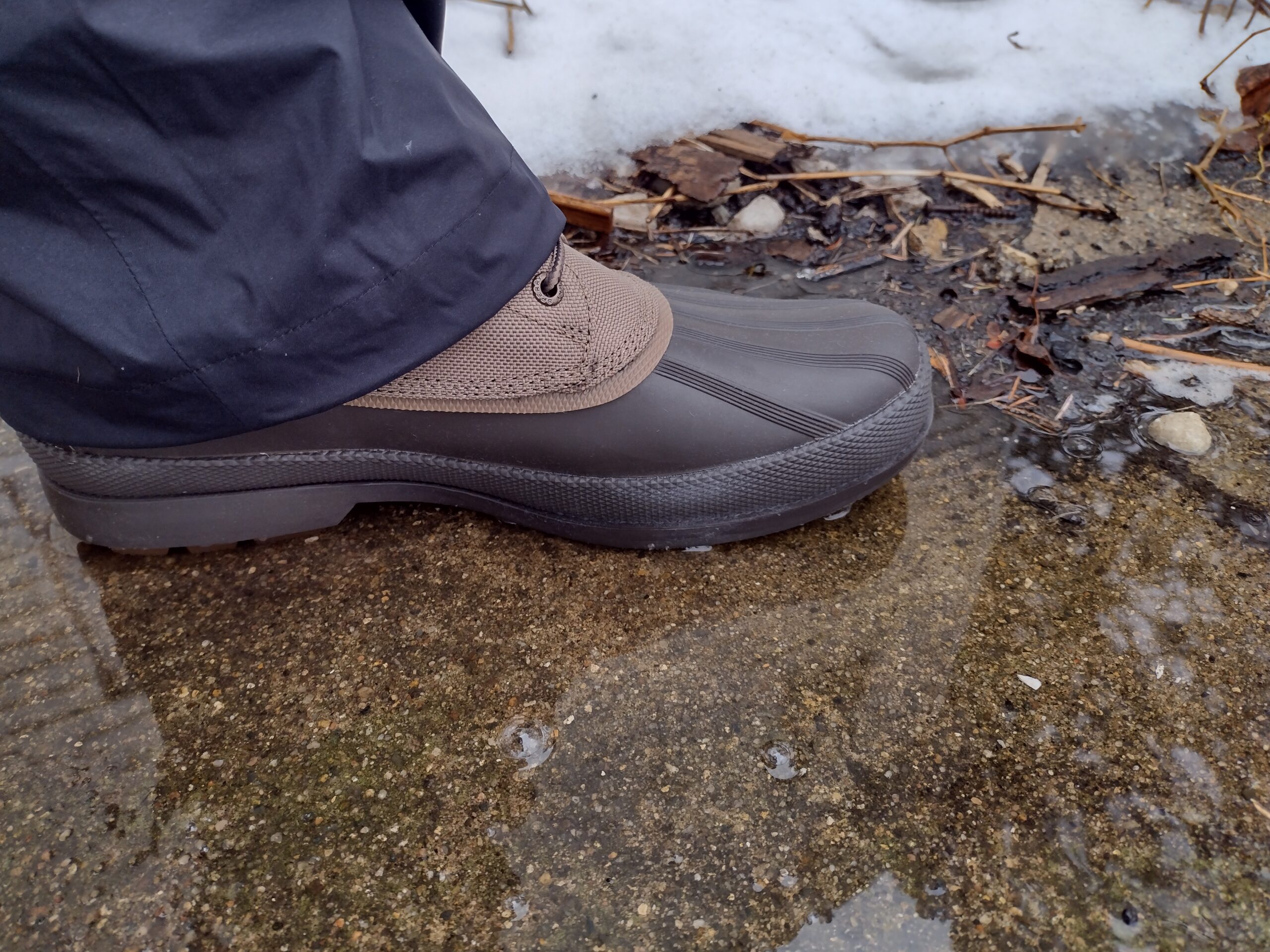 Ground level view of someone wearing the brown Sperry Cold Bay Chukka in a shallow puddle.