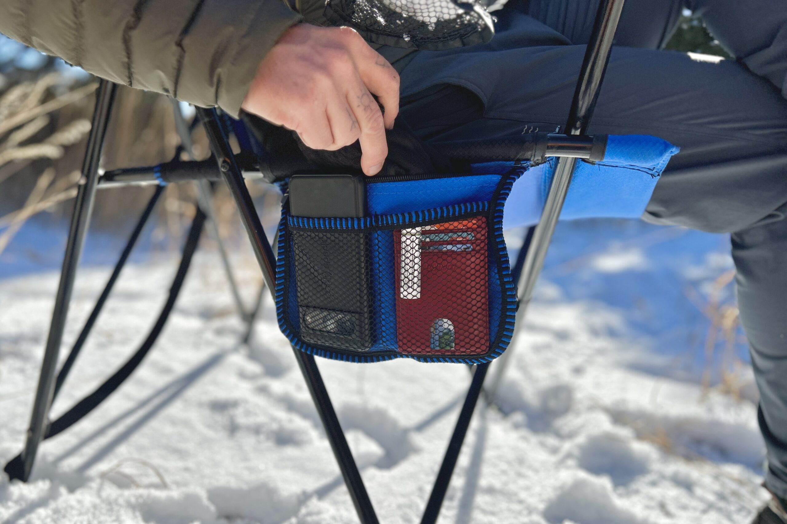 Close up of the side storage pocket on a camping chair.