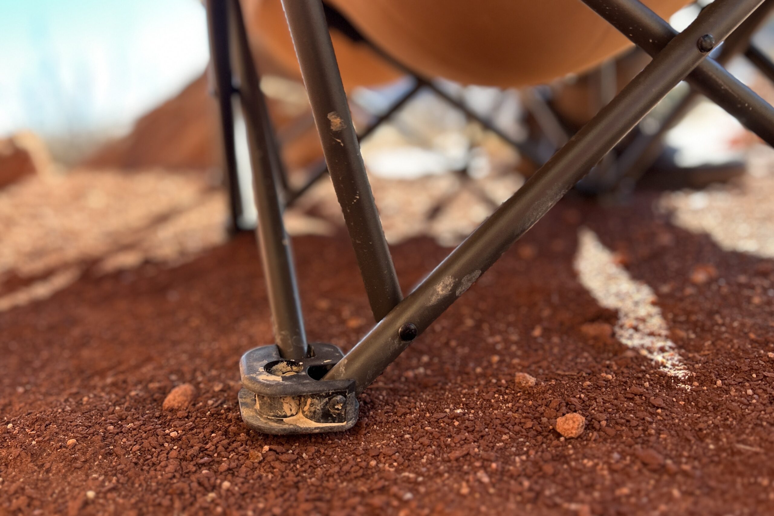 Close up of the feet on a camping chair.