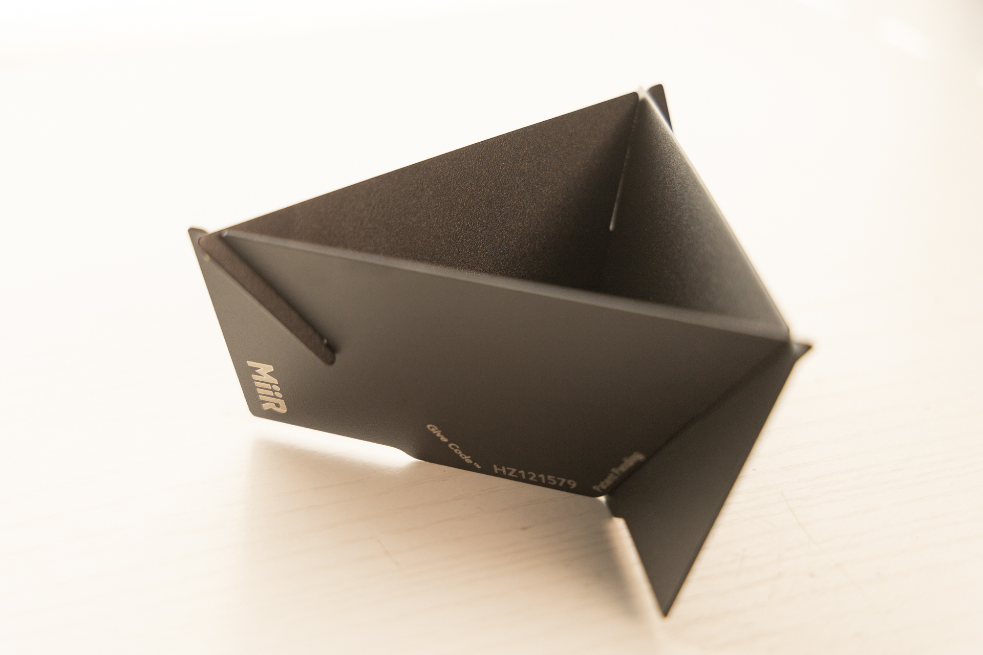 The MiiR Porigami assembled into its triangular cone shape.