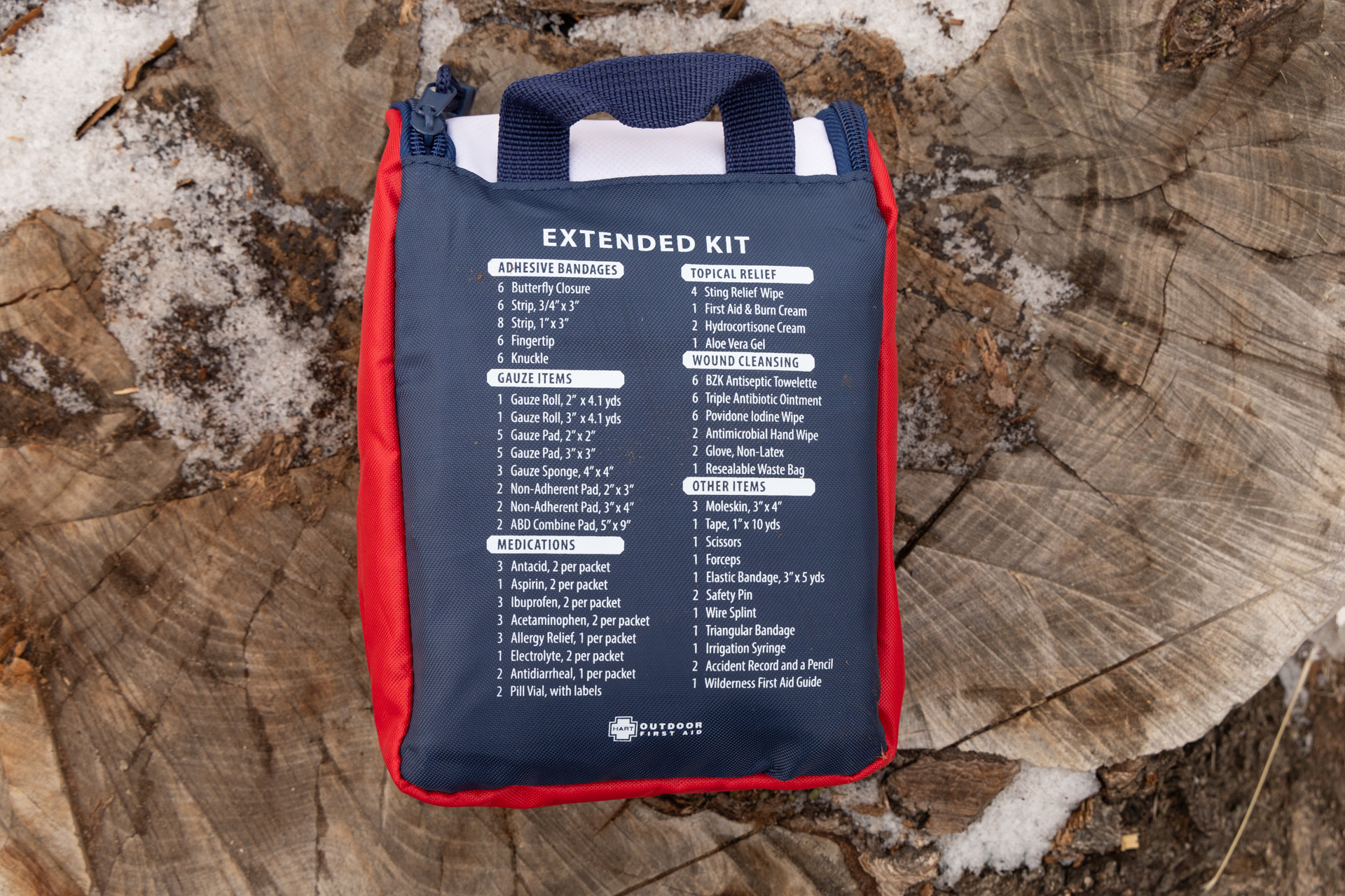 The HART Weekend kit is moderately sized, but contains plenty of first aid supplies. Its contents are listed on the back.