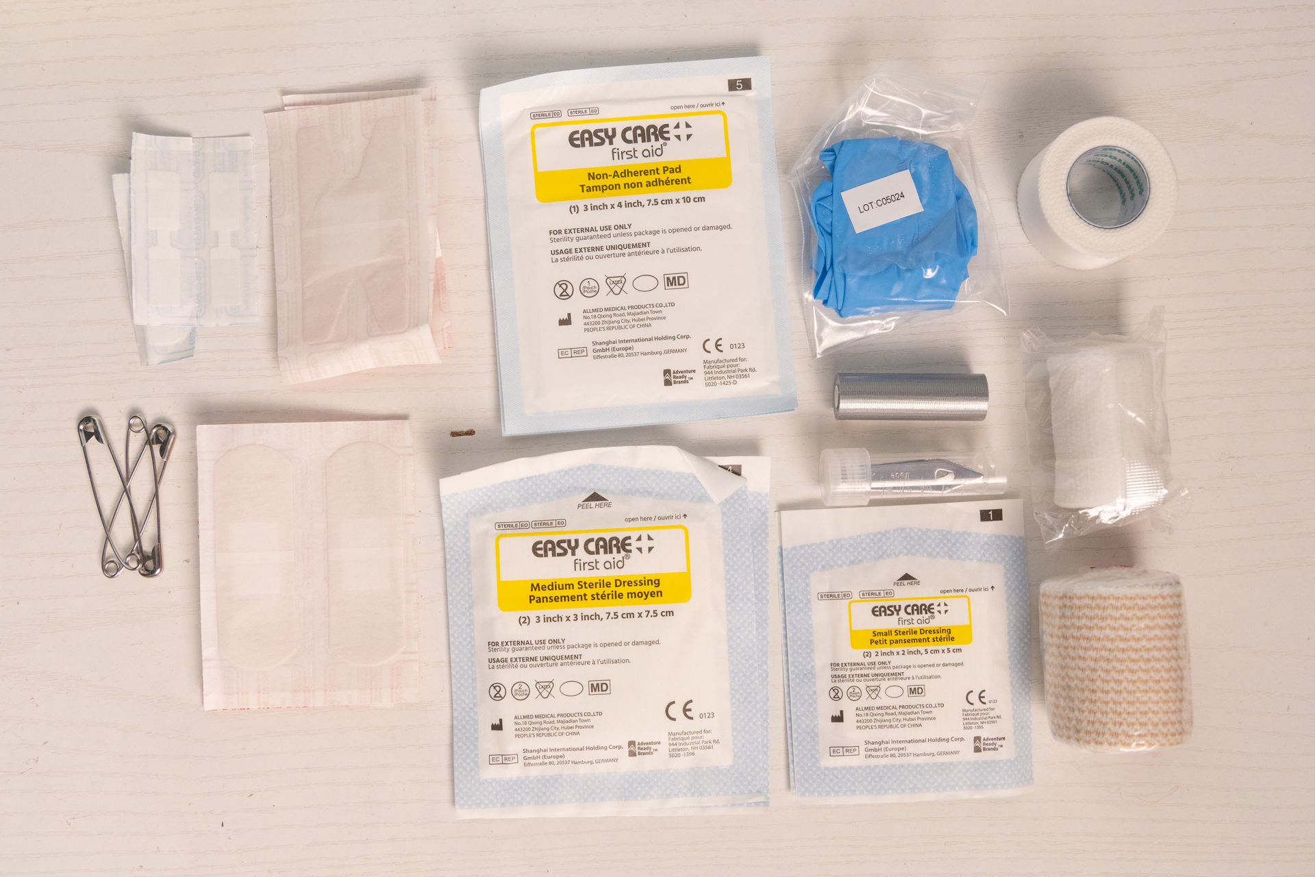 Some of the first aid supplies in the Adventure Medical Kits Ultralight.