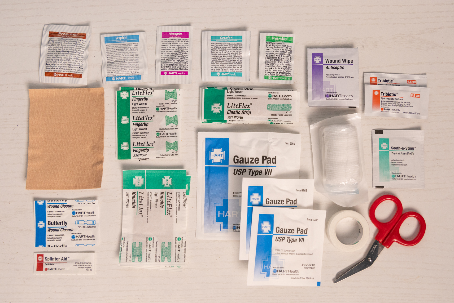 The first aid supplies in the HART Day Hike kit.