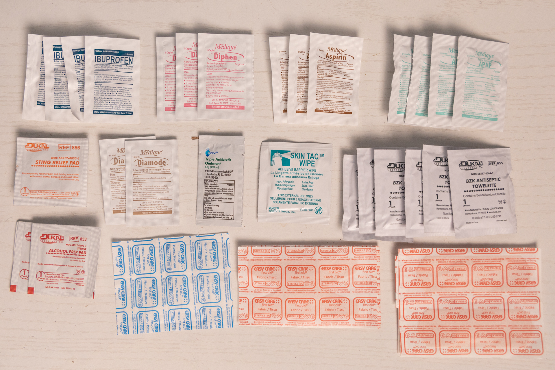 Some supplies in The Adventure Medical Kits Backpacker.