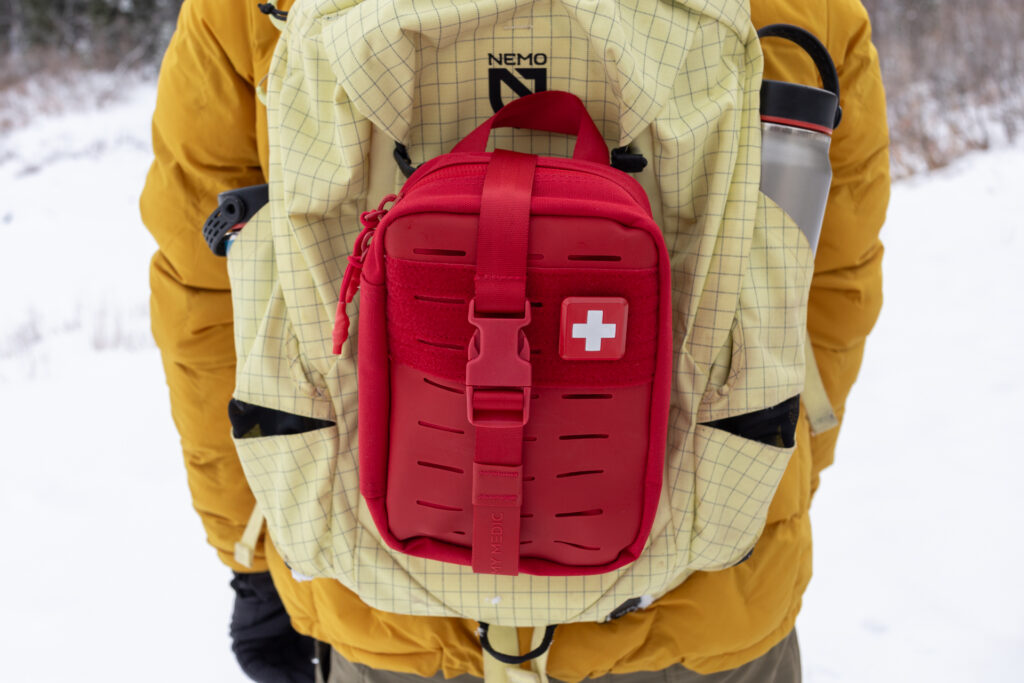 My Medic MyFAK Mini strapped to the outside of a pack.