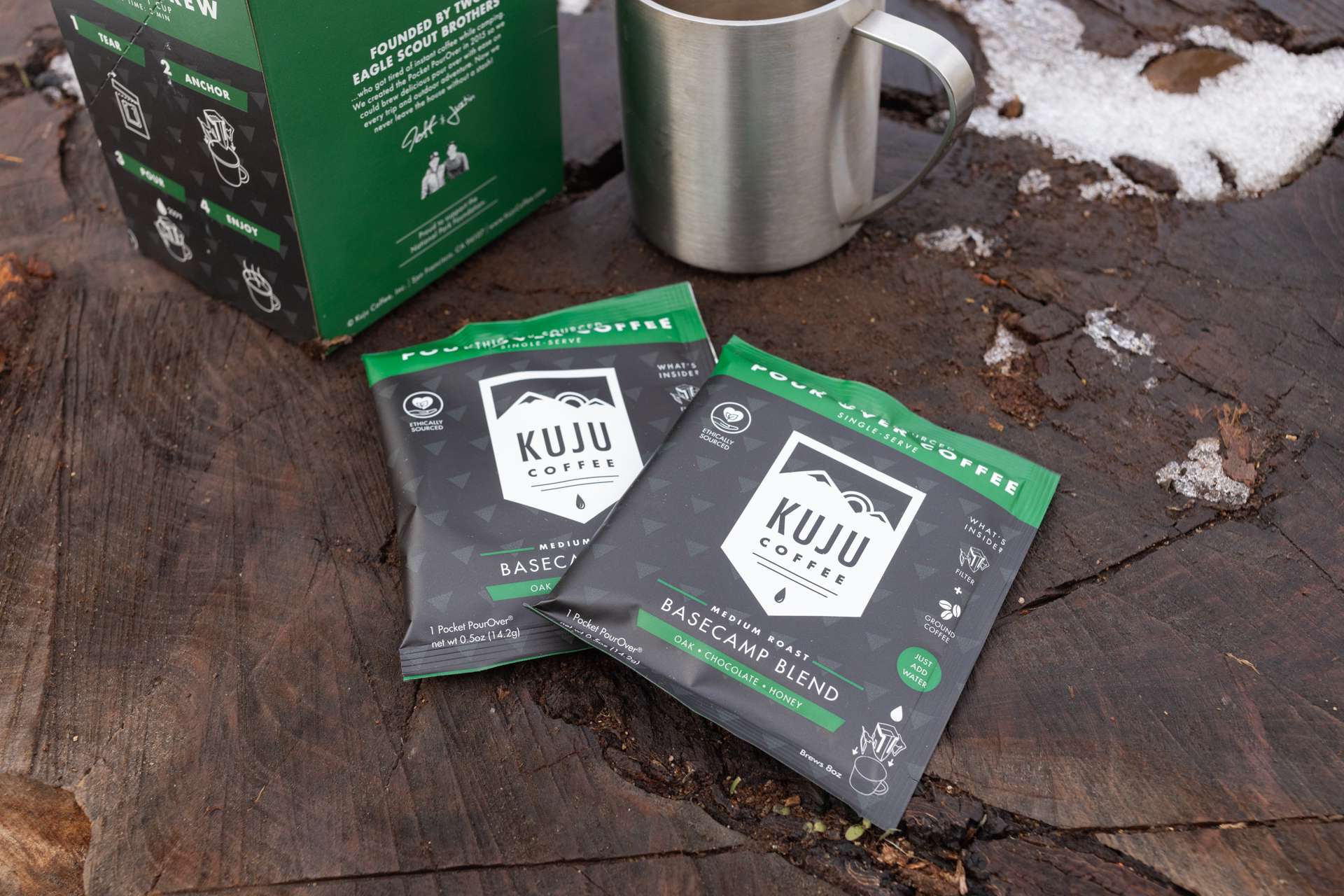 Individually wrapped Kuju Coffee packets.