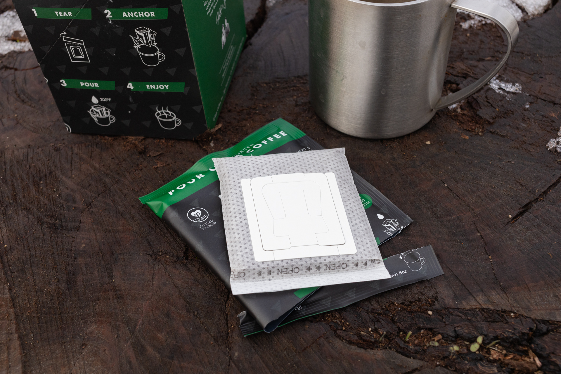A Kuju Coffee packet open and not yet assembled. It lays mostly flat.
