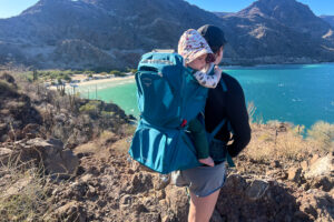 Close-up back view of the Osprey Poco SLT carrier, featuring its sunshade design and branding detail.