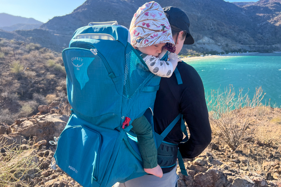 Hiker wearing the Osprey Poco SLT carrier while overlooking a scenic coastal view, with a baby comfortably seated in the carrier.