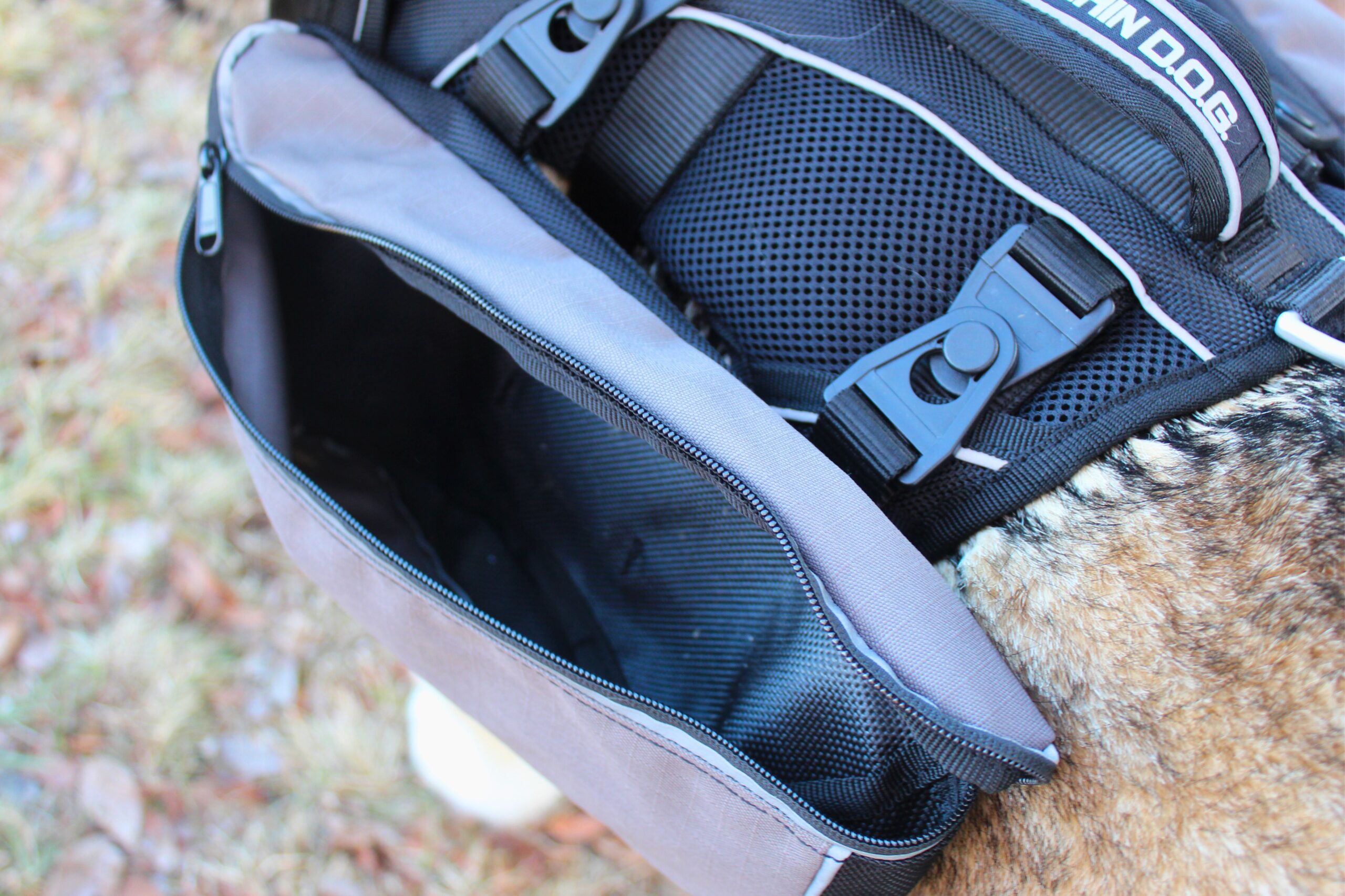 Top view of the Terrain Dog Lightweight Adventure Pack with one saddlebag open