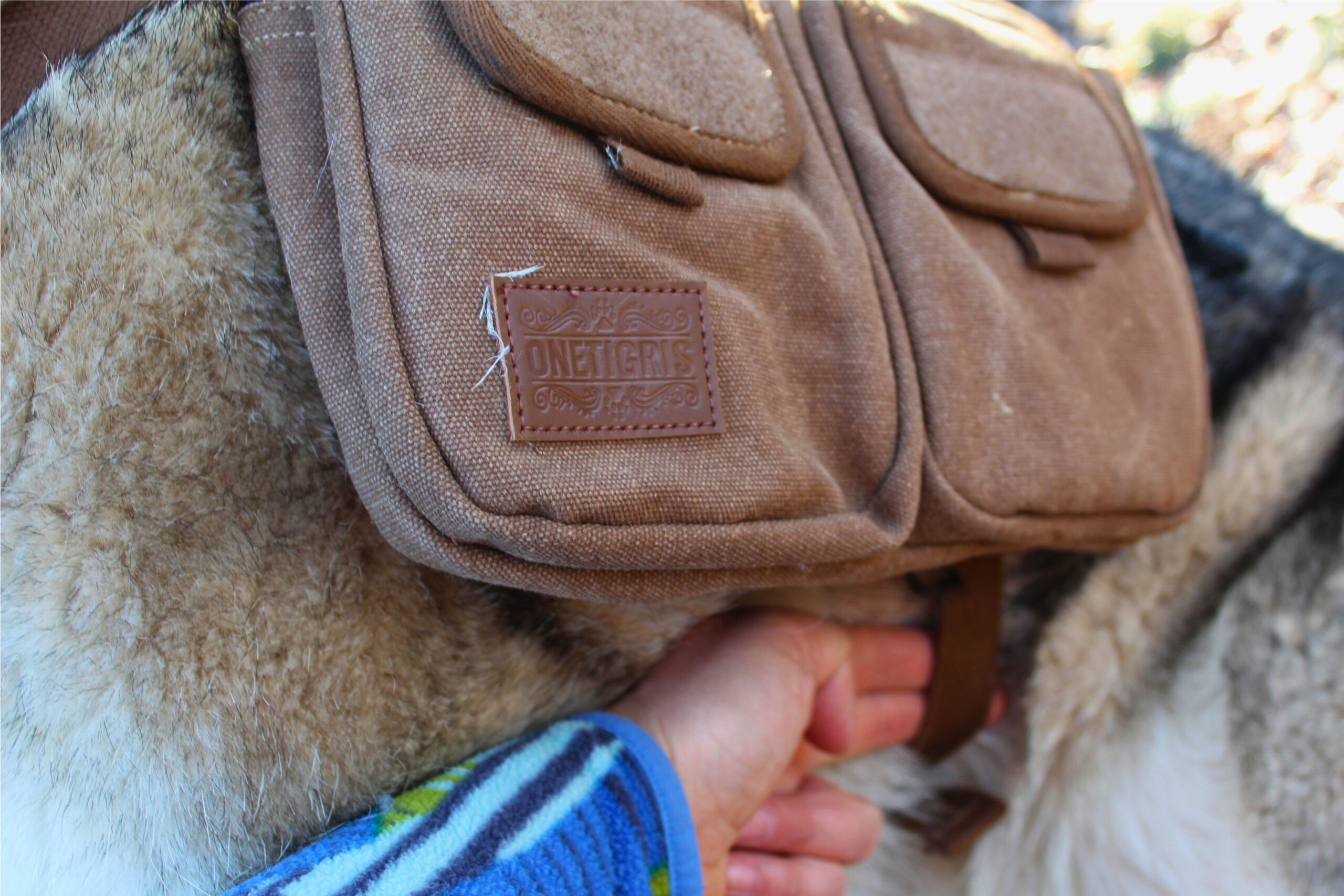 Close up of the OneTigris Hoppy Camper 2.0 saddlebag showing the logo and side pockets