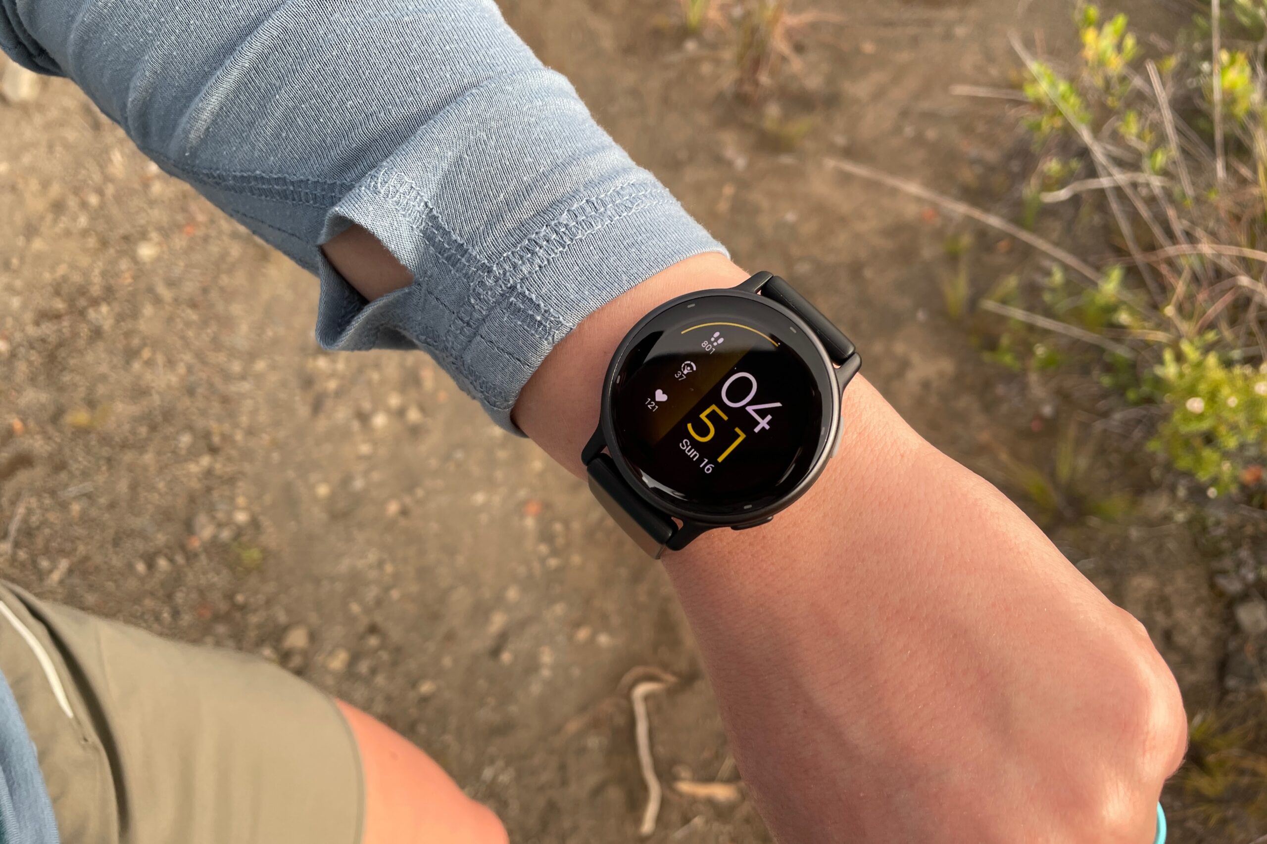 A watch face worn on the wrist.