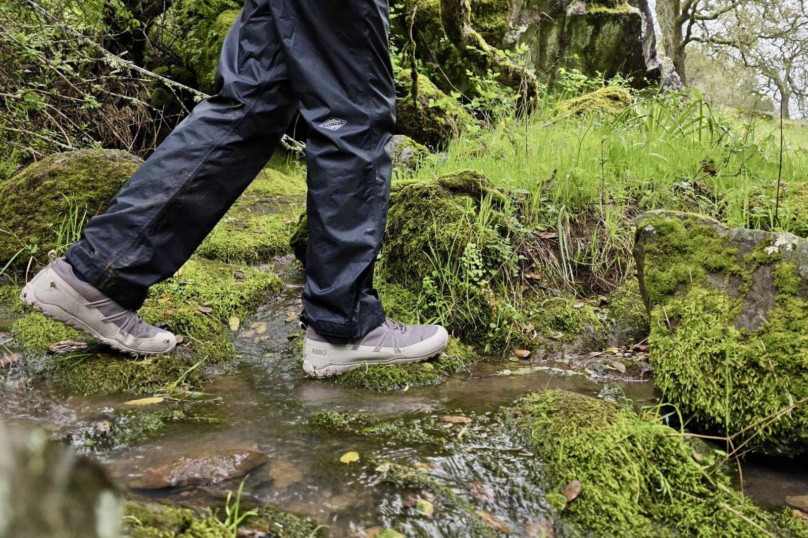 Person walking across a small creek in Xero Shoes.