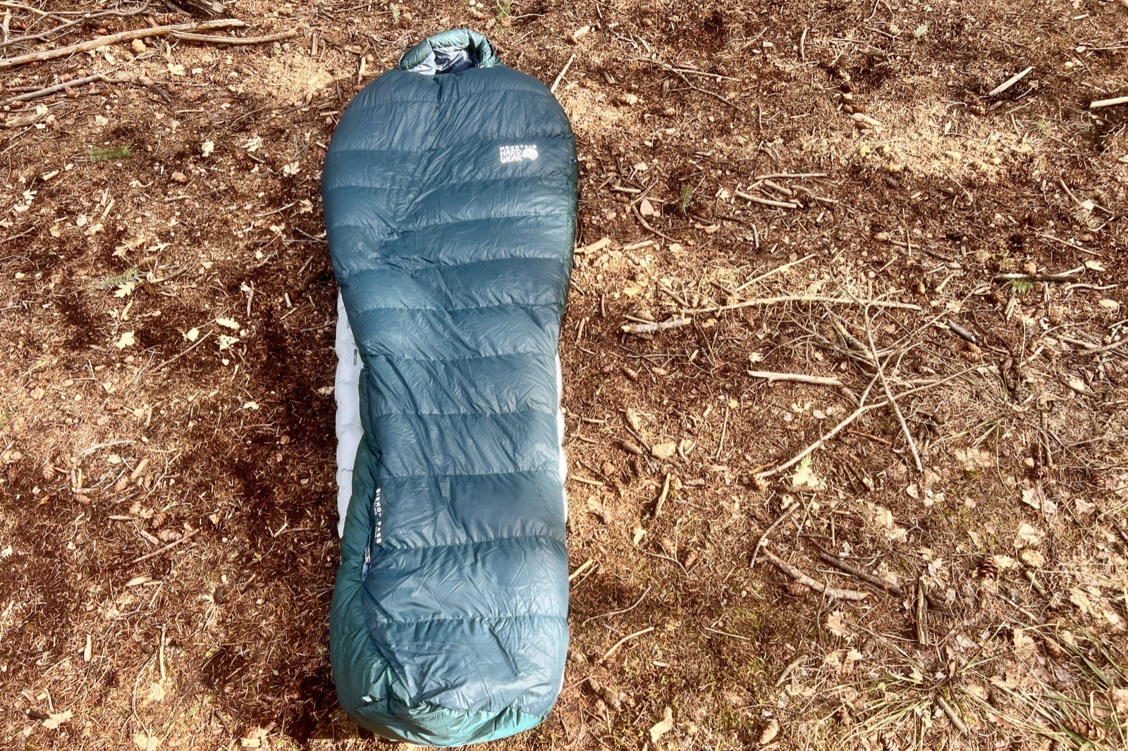 A sleeping bag lays on a sleeping pad on a forest floor
