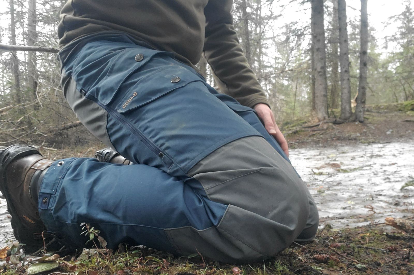 A closeup of the knees of a pair of work pants.
