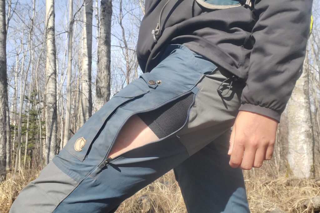 A closeup of the vents on a pair of hiking pants.