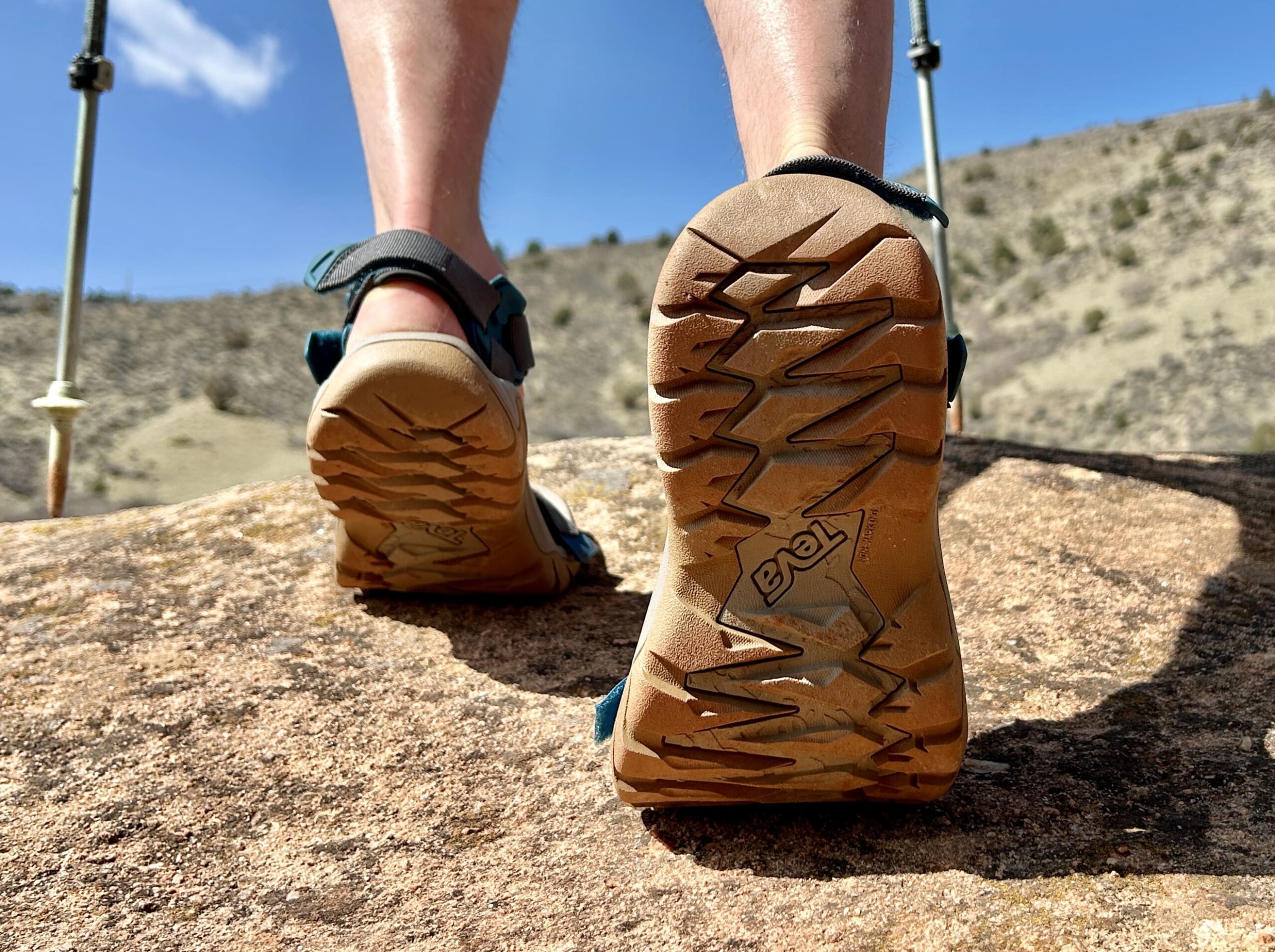 Close up image of the bottom traction of a pair of hiking sandals