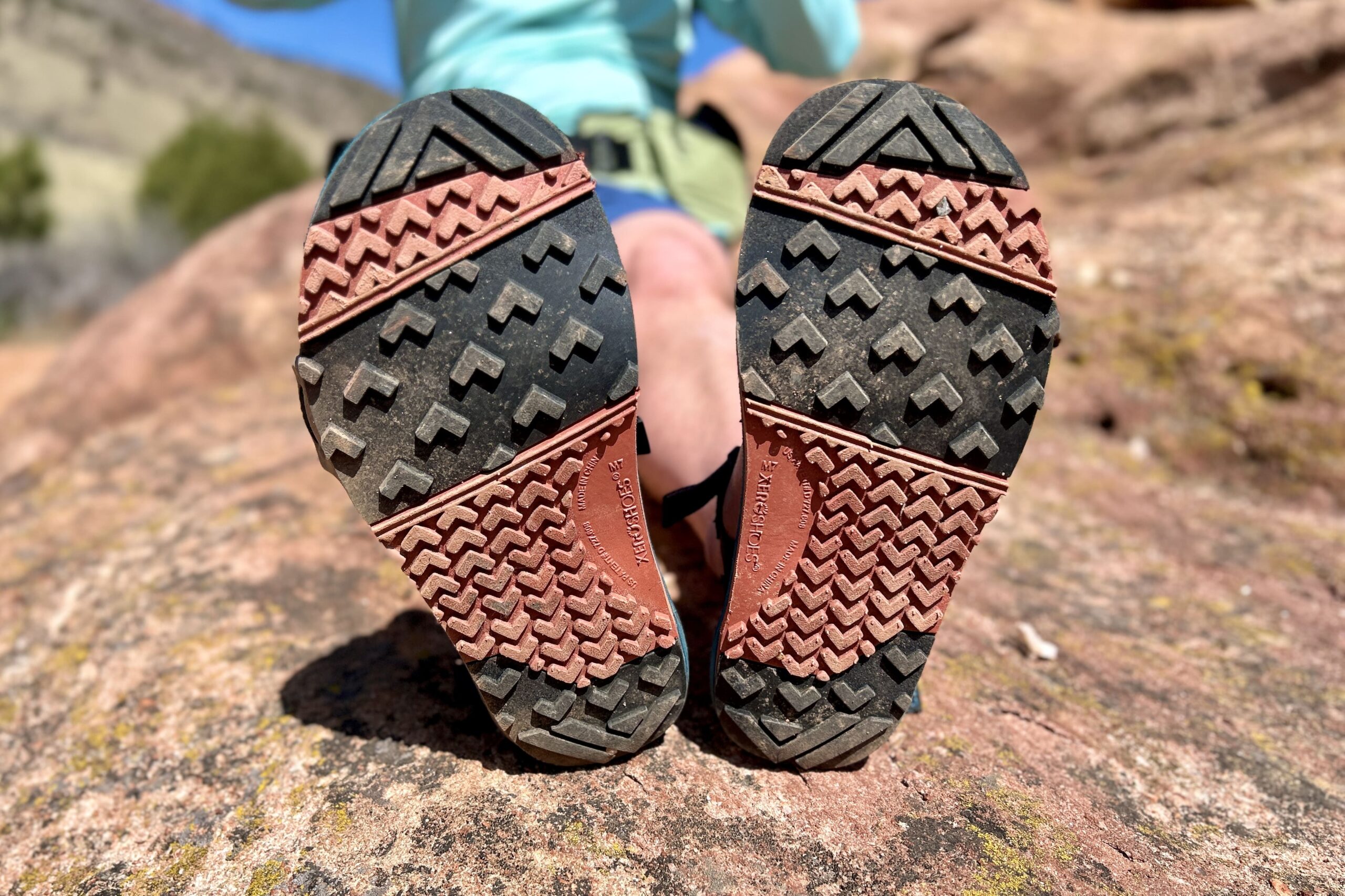 Close up image of the traction on the bottom of a pair of sandals