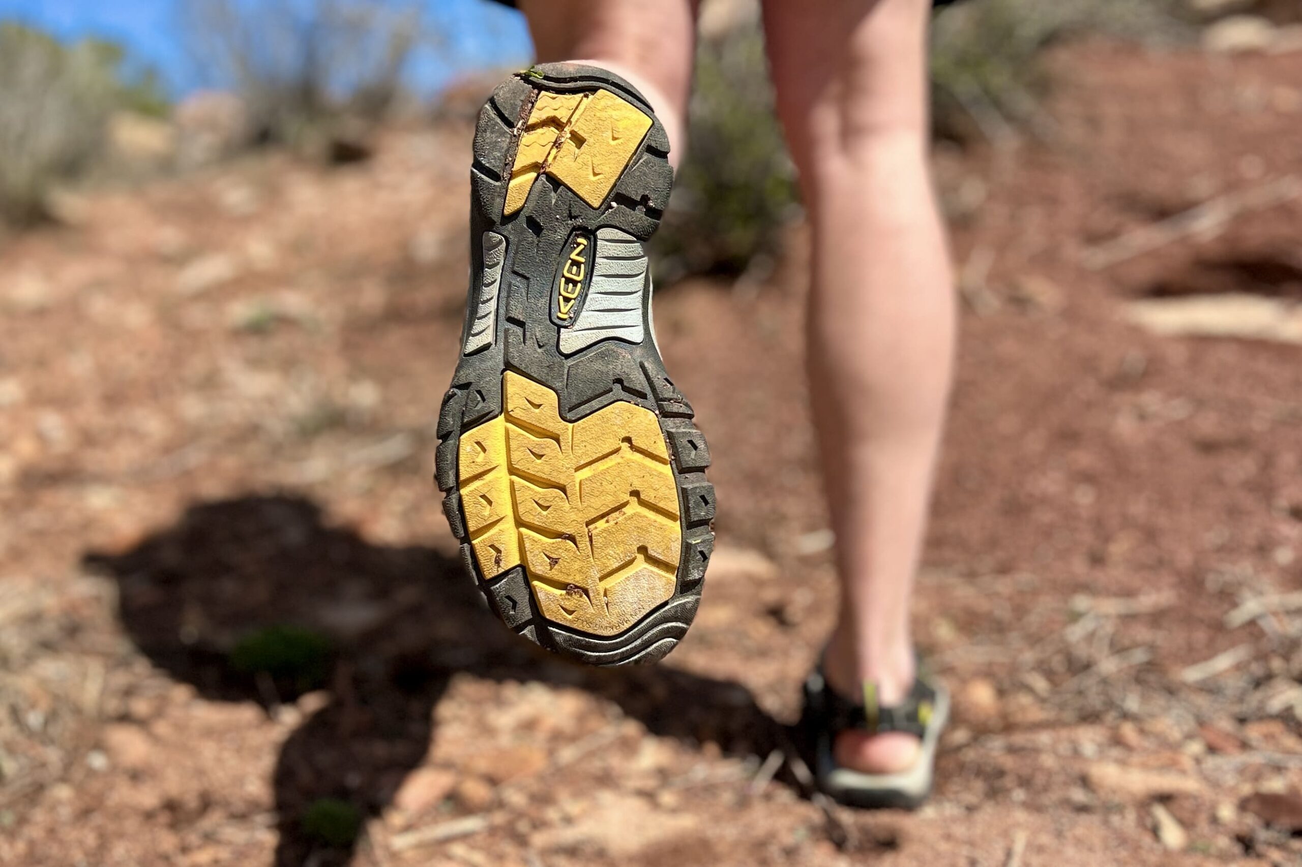 Bottom of a hiking sandal, showing off the tread.