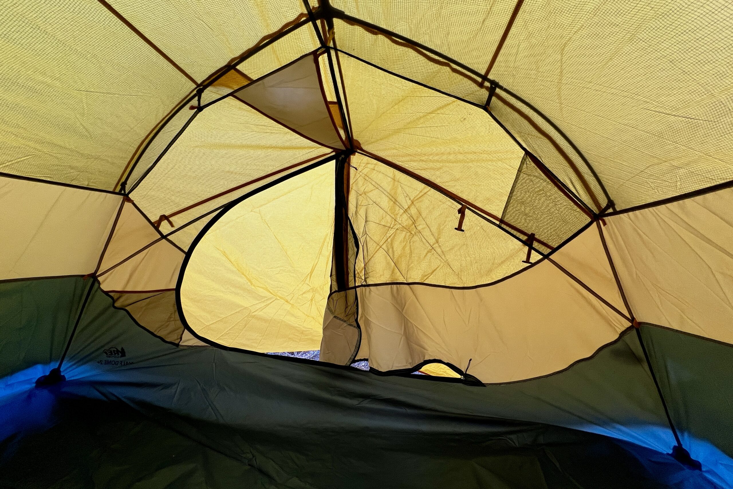 the inside of a yellow tent