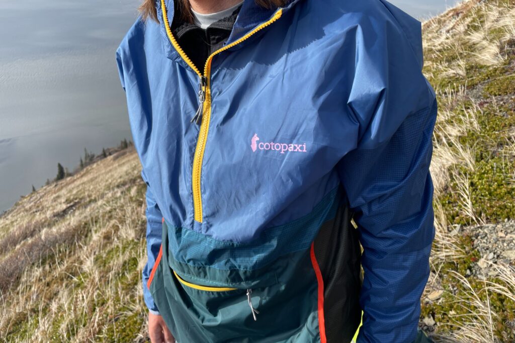 A closeup of the logo of a windbreaker.