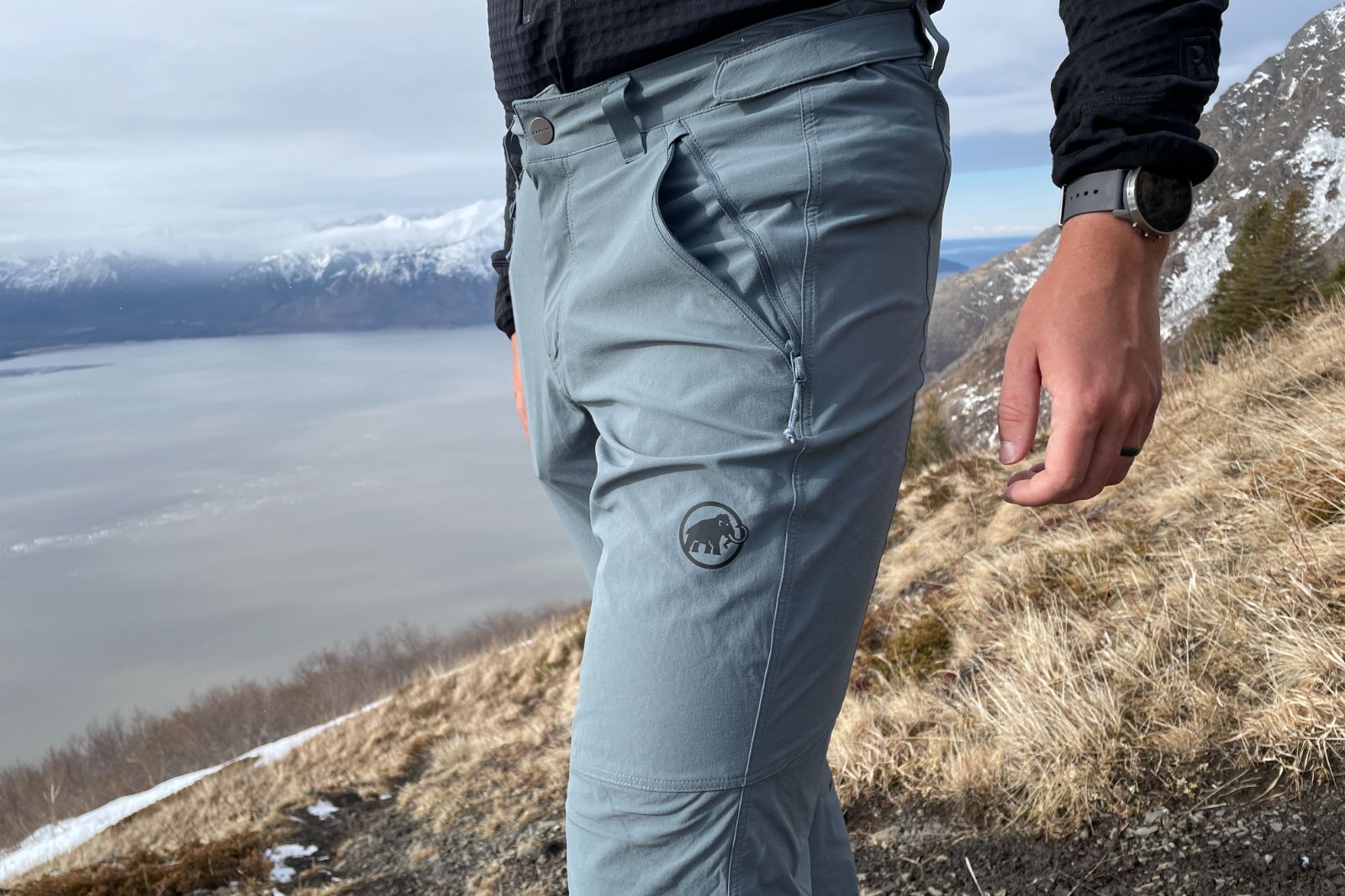 A closeup of a logo on a pair of hiking pants.