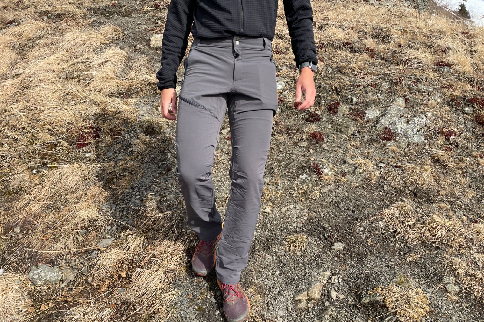 A closeup of pants worn on trail.