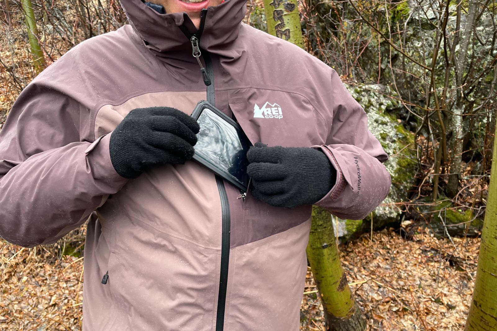 A closeup of the chest pocket of a rain jacket.