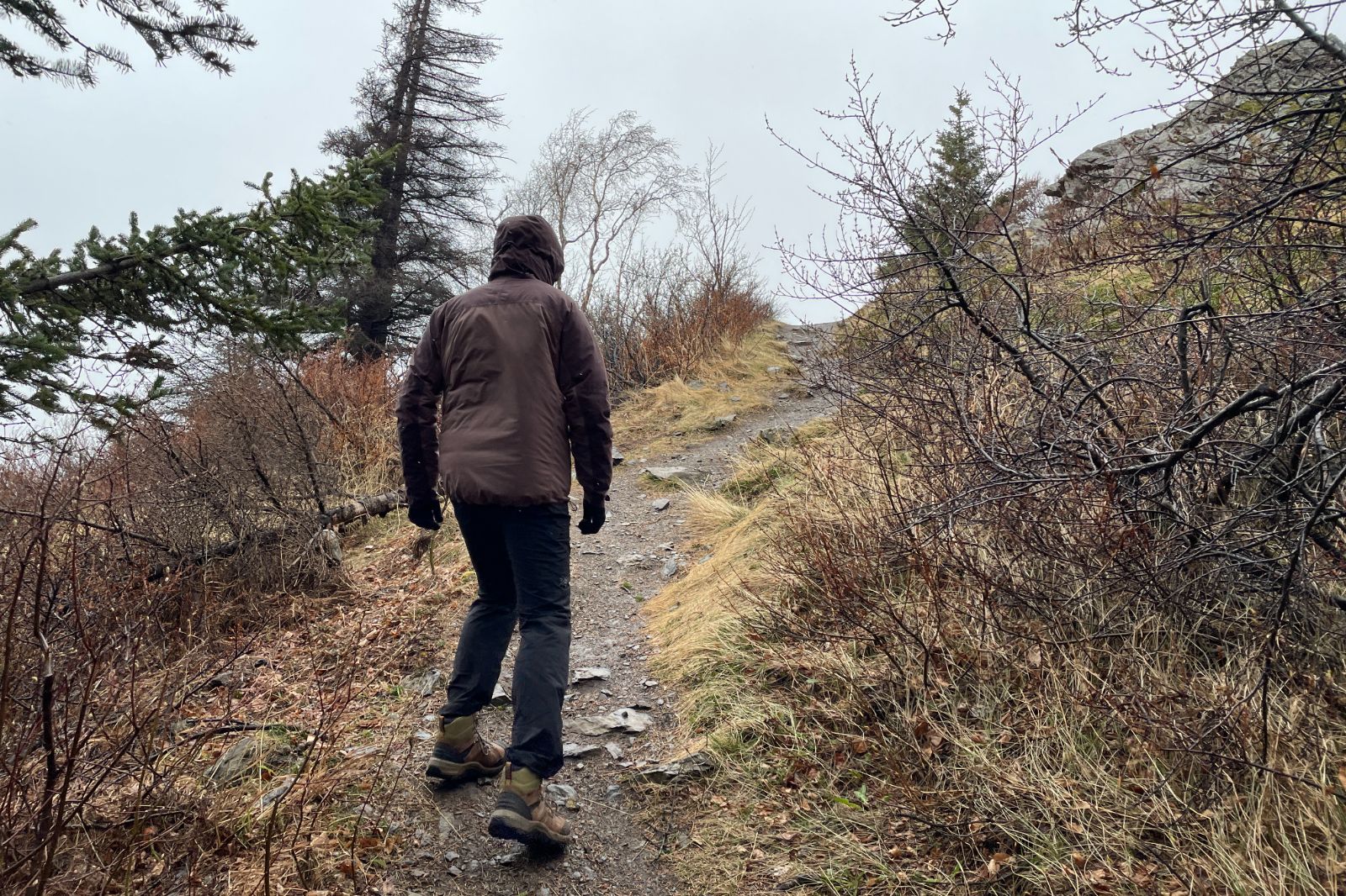 A man hikes up a hill on a trail.