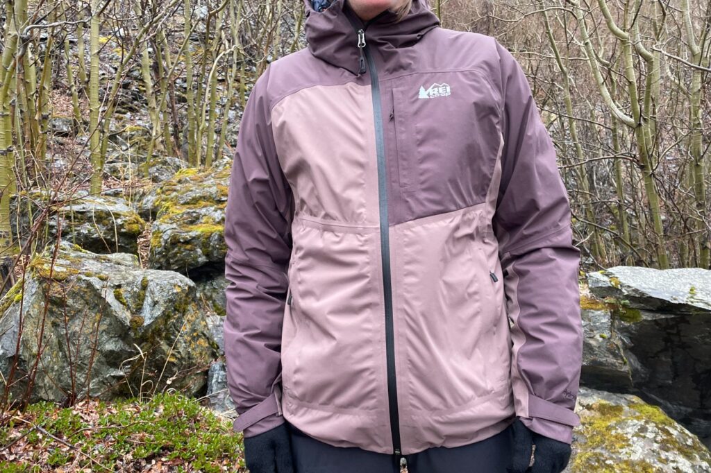 A closeup of the front of a rain jacket.