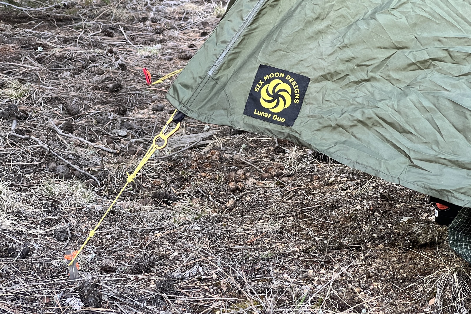 a close up of the vestibule guyline on a green tent staked to the ground