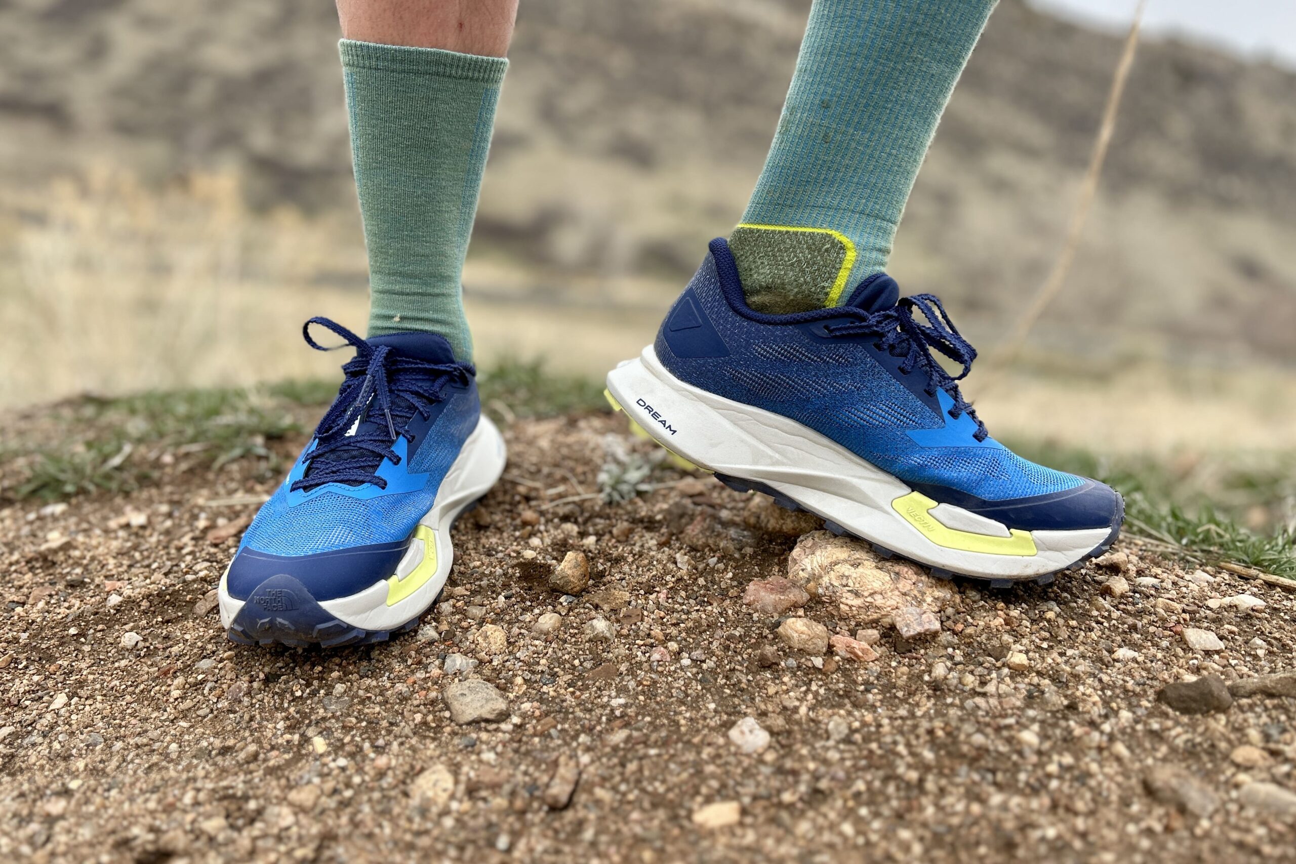 Close up of a pair of trail runners from the front.