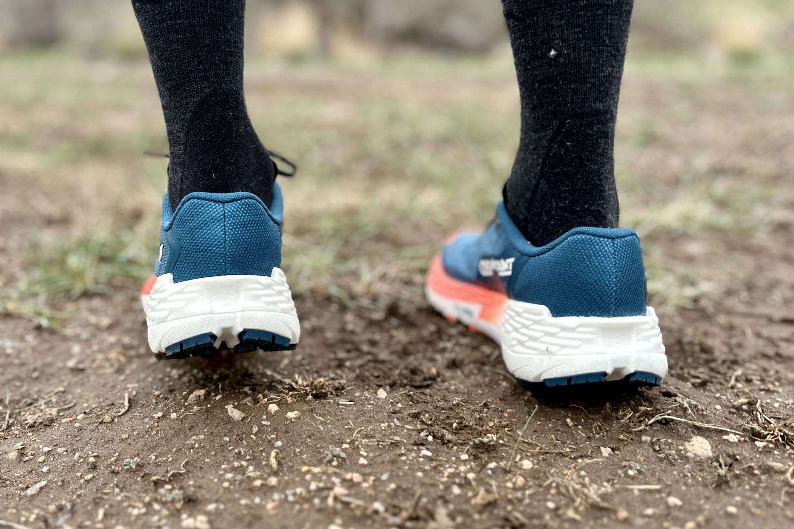 Close up image of a pair of trail running shoes from behind