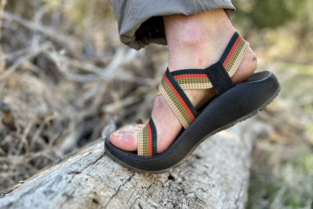 Close up image from ankle down of a person's foot in a sandal