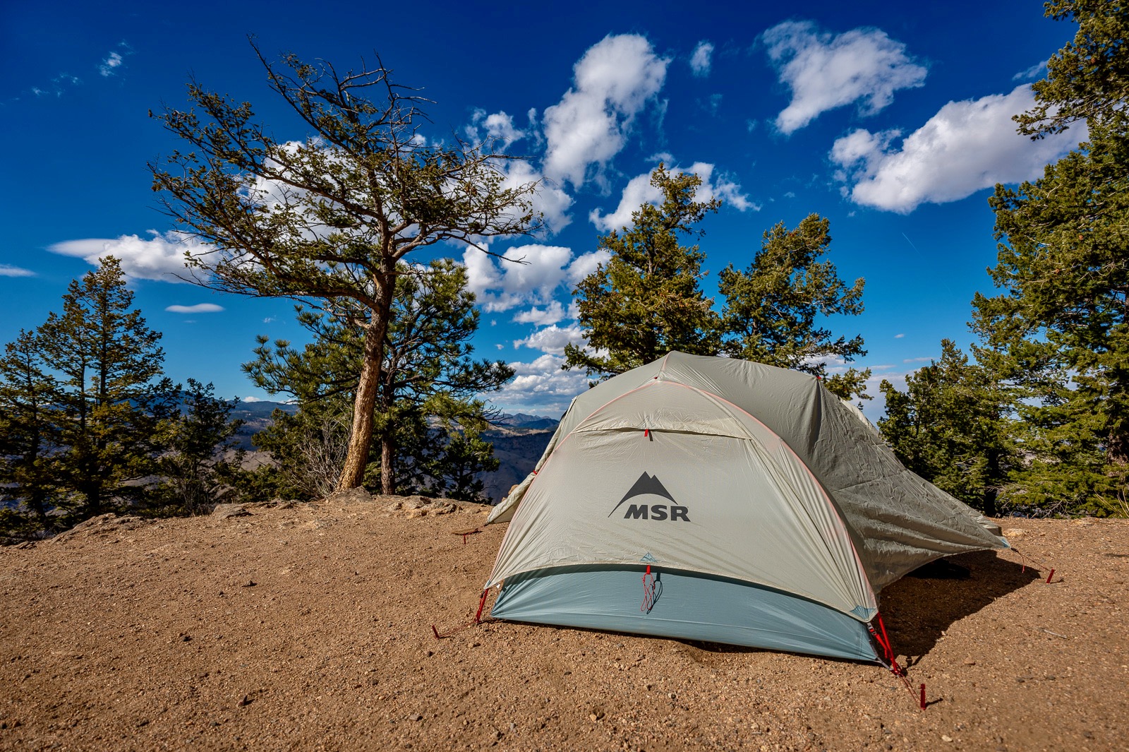 An MSR tent is pitched on dirt with pine trees in the background.
