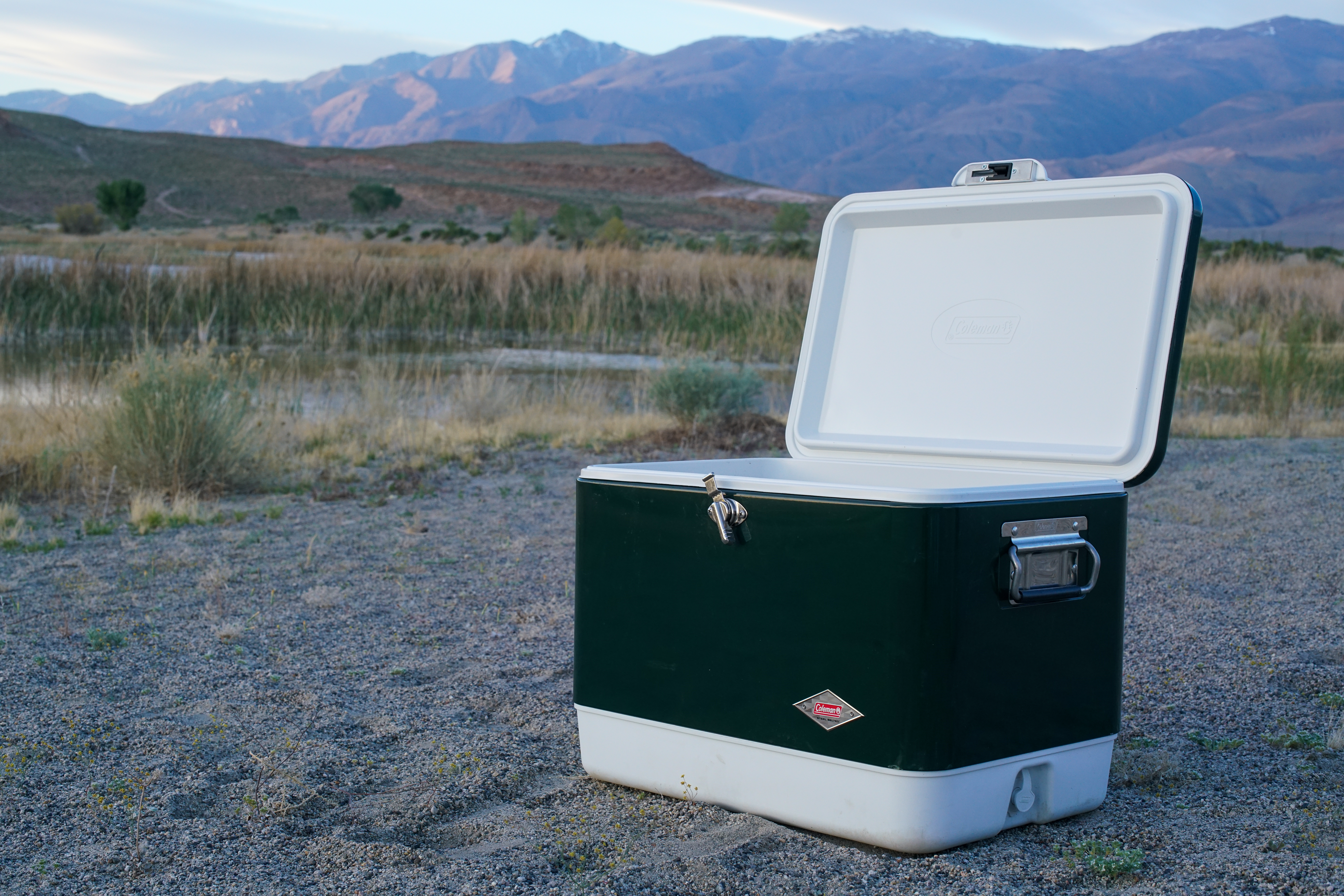 The Coleman Steel Belted cooler sits on sand beside a body of water with mountains in the background.