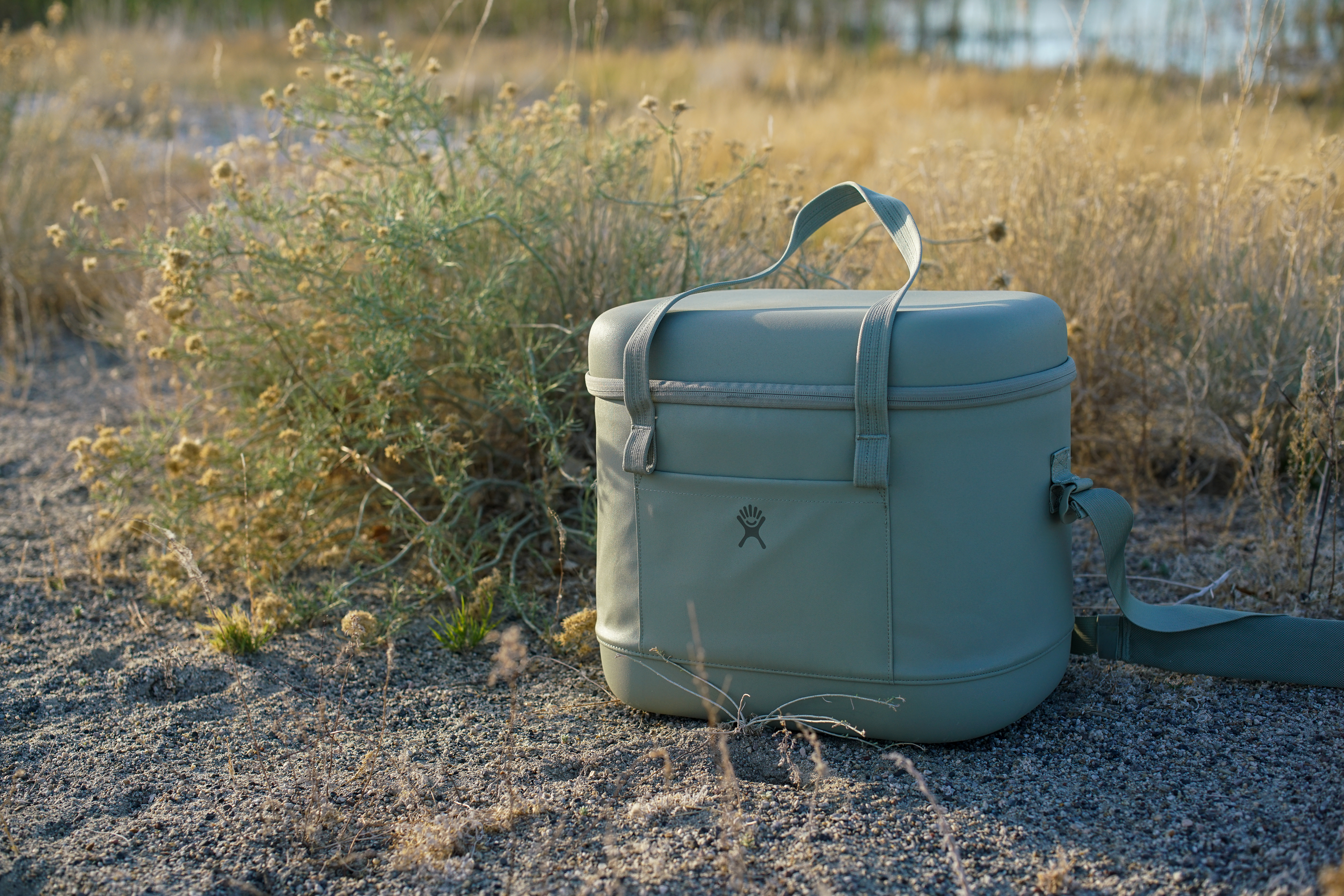 The Hydro Flask Carry Out 20L sits on sandy ground with grasses in the background.