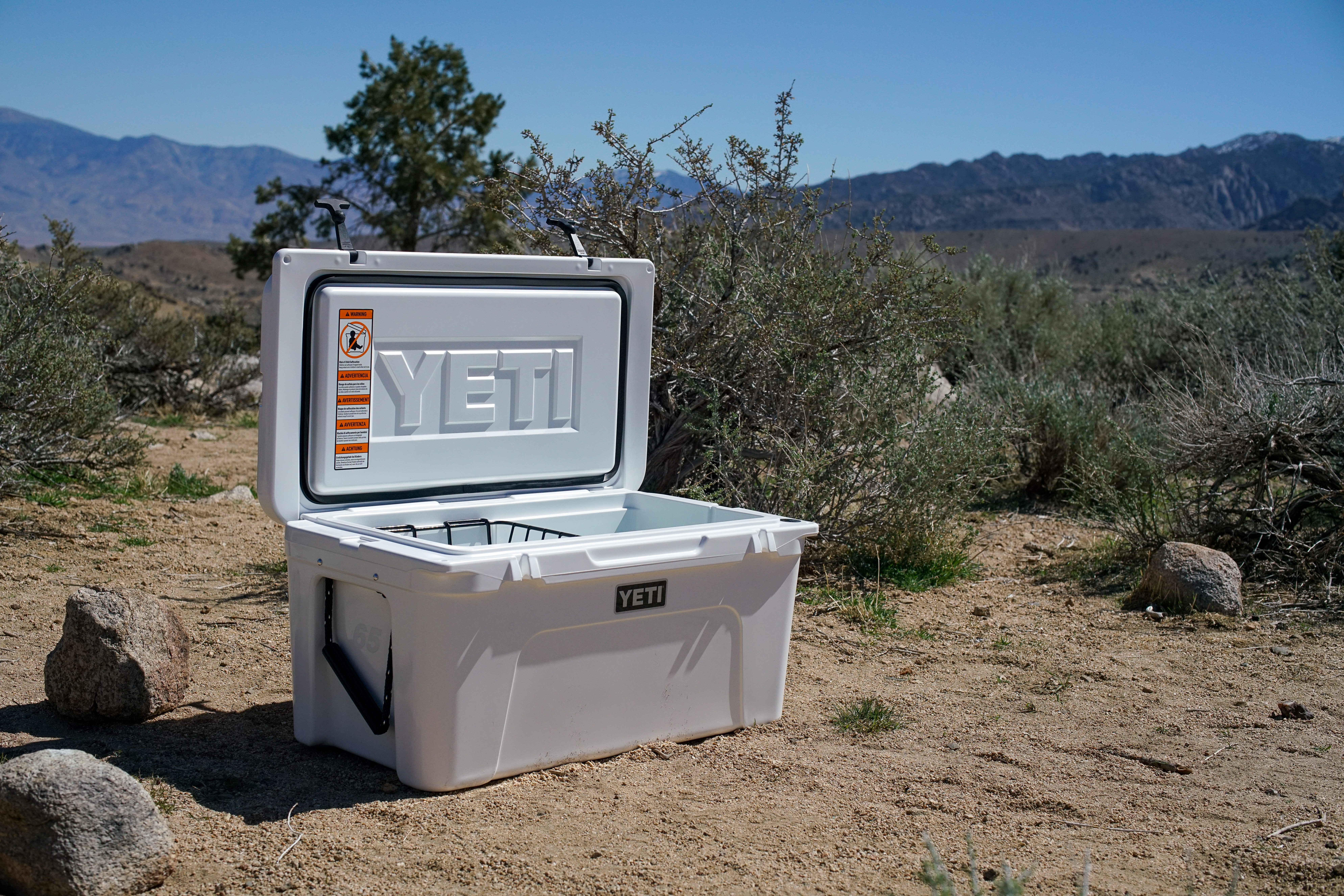 The YETI Tundra 65 sits on the ground with its lid open. There are bushes and mountains in the background.