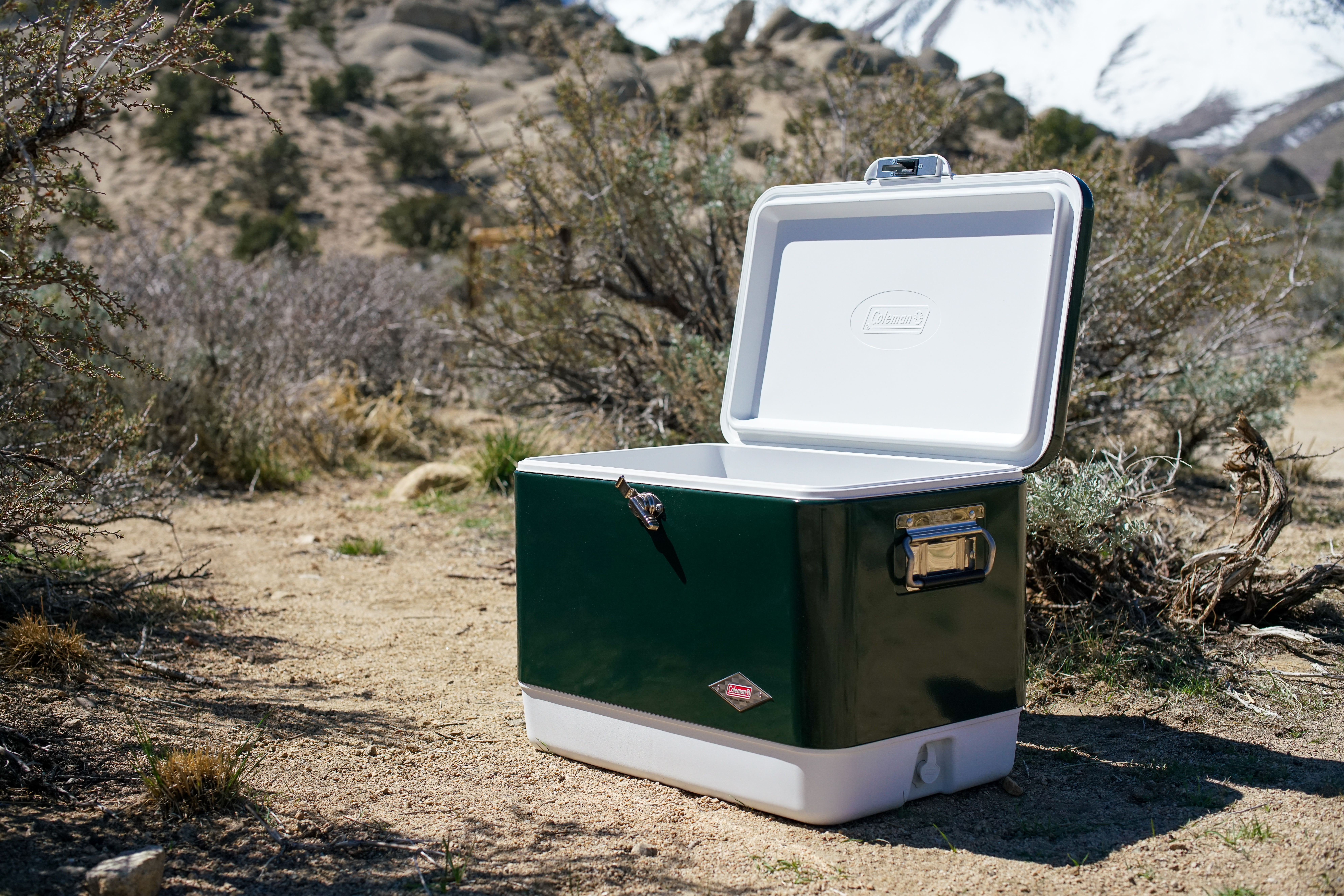 The Coleman Steel Belted cooler sits on the ground with sage brush and boulders in the background.