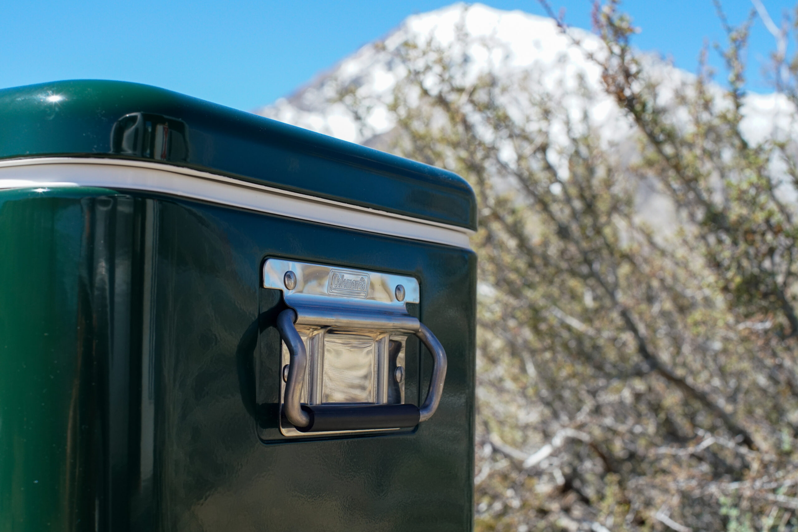A close up of the Coleman Steel Belted cooler's metal side handle with tree branches and a mountain top in the background.