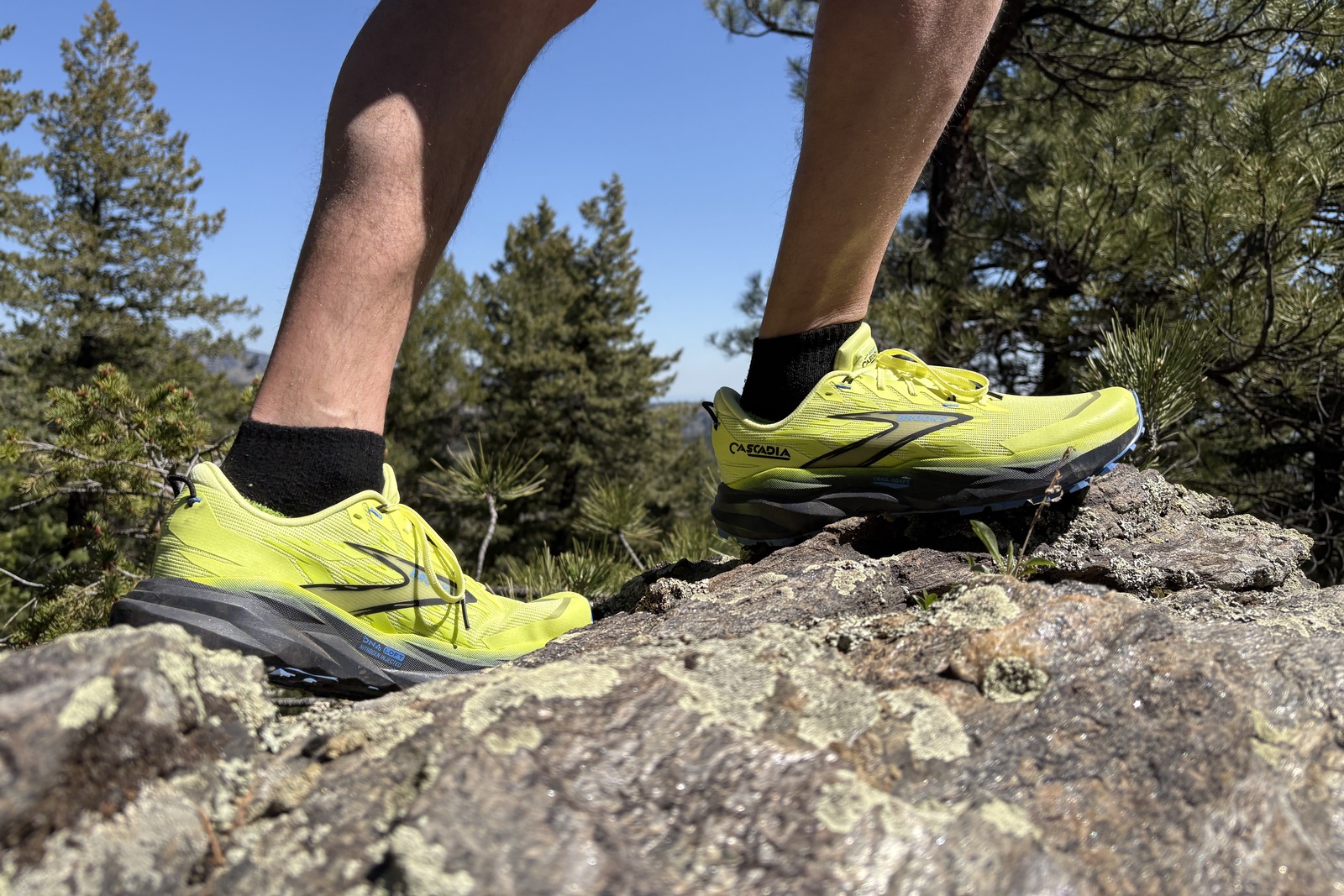 The feet of a man standing on a rock with trees in the background.