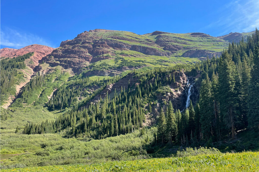 A red mountain side covered in red grass transitions to a willow and grass filled meadow. Trees on the right side of the photo surround a large waterfall in the distance.