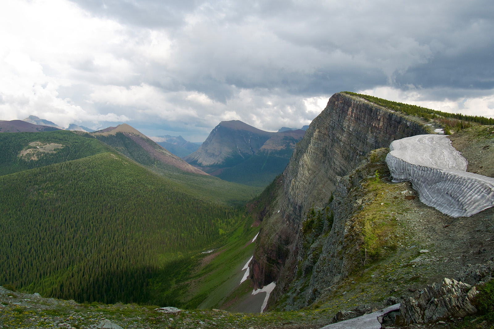 A mountain ends abruptly as a cliff face leads down to a valley. There are pine covered hills in the distance.