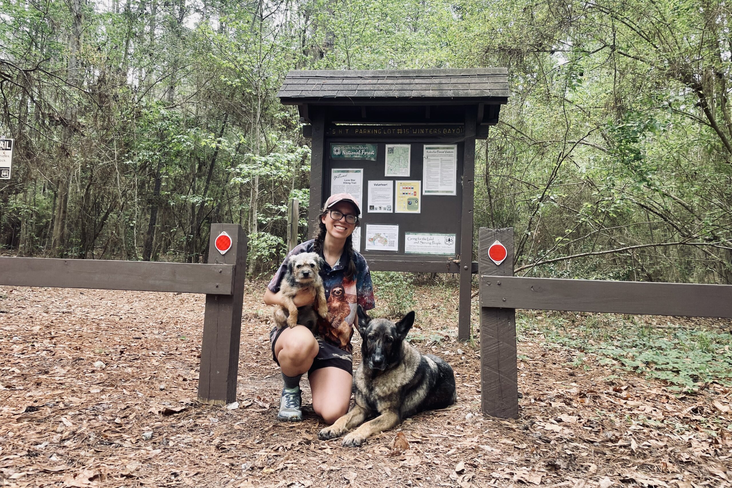 A woman holding a small Border Terrier and a German Shepherd dog are both sitting in front of a trailhead sign in the woods.