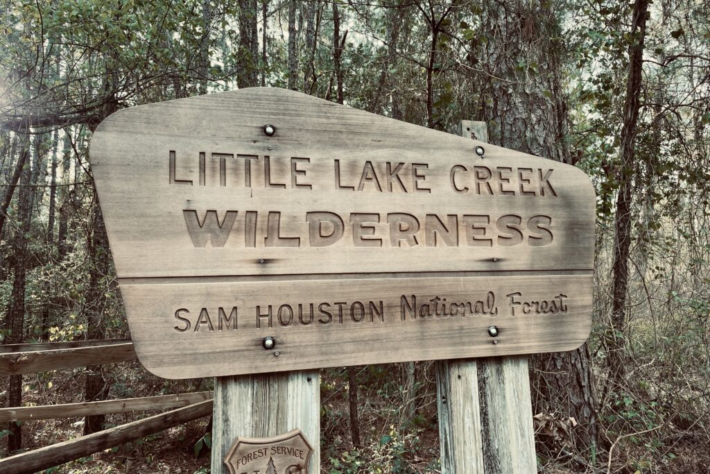 A brown sign says: "Little Lake Creek Wilderness. Sam Houston National Forest"