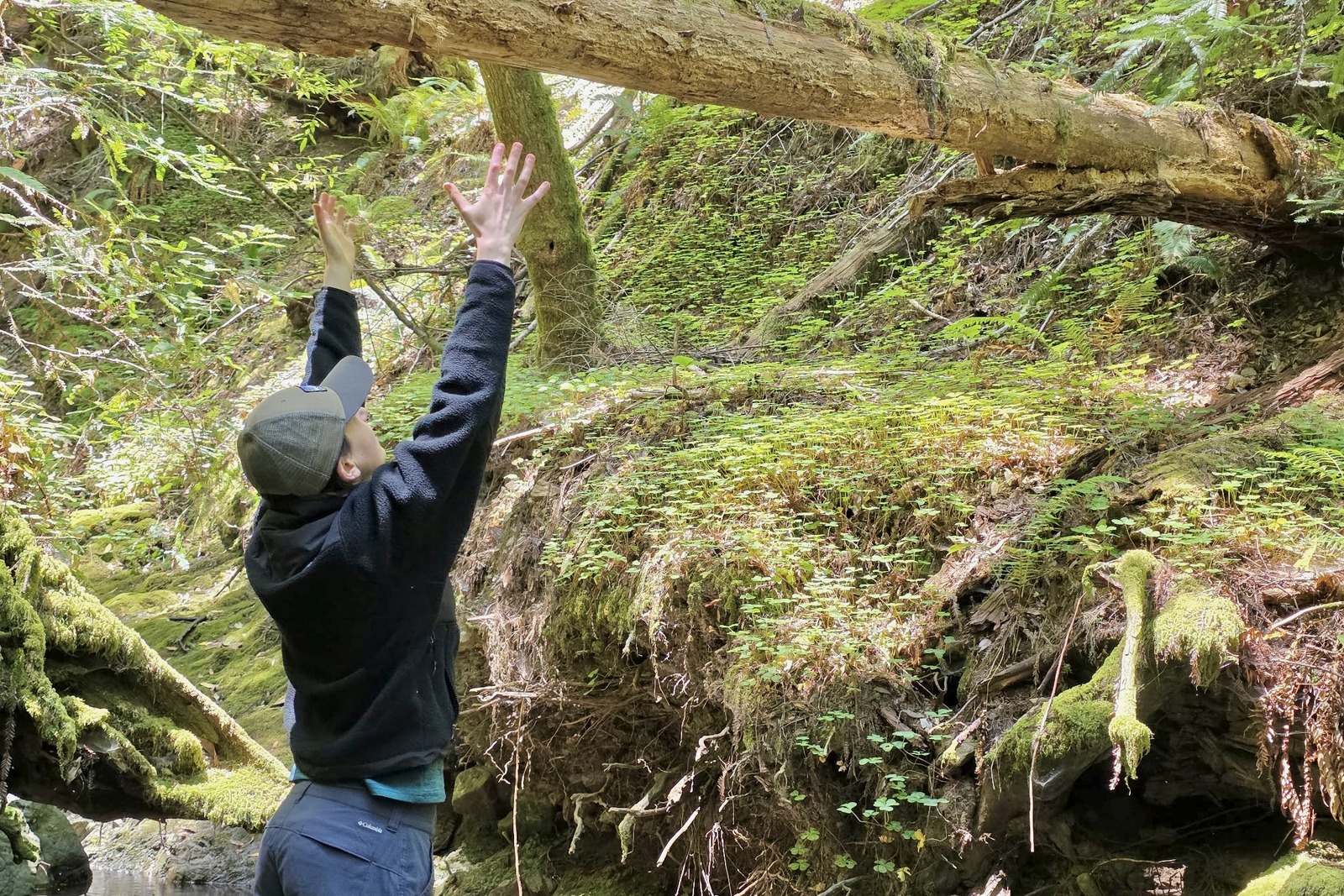 Woman reaches up while wearing her black fleece to show the range of movement in the jacket.