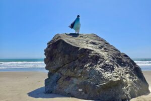 A man stands on a rock overlooking the ocean, wrapped in a puffy blanket.
