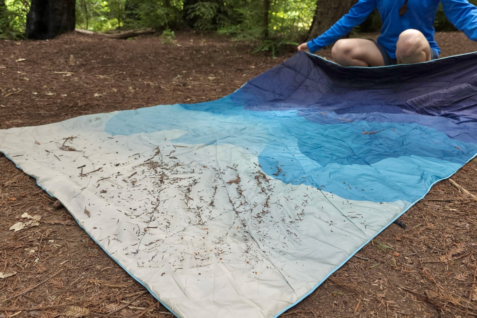 A blanket is covered with debris, lying on the forest floor